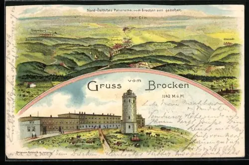 Lithographie Brocken, Panorama mit Stapelburg, Ilsenstein und Altenroda