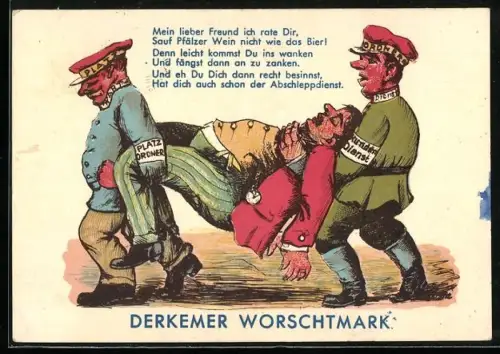 Künstler-AK Dürkheim, Über 500 Jahre Wurstmarkt, Zwei Männer tragen einen Betrunkenden