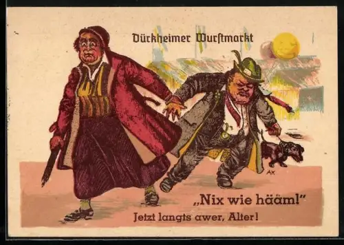 Künstler-AK Dürkheim, Eine Frau muss ihren Mann gewaltsam vom Wurstmarkt entfernen