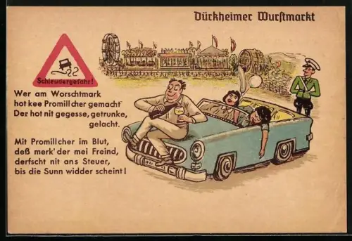 Künstler-AK Dürkheim, Dürkheimer Wurstmarkt, Trinkende warnen davor, erst nüchtern wieder zu fahren