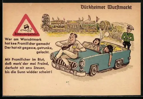 Künstler-AK Dürkheim, Dürkheimer Wurstmarkt, Trinkende warnen davor, erst nüchtern wieder zu fahren
