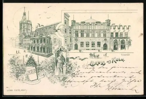 Lithographie Köln, Martinstrasse mit Gürzenich, Rathaus