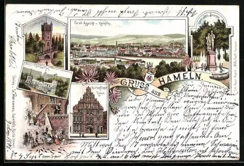 Lithographie Hameln, Totalansicht, Gertrudenbrunnen, Dreyers Berggarten & Klütthurm