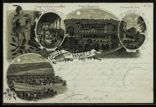 Mondschein-Lithographie Hameln, Dreyer`s Berggarten, Inneres der Veranda vor dem Hotel, Gesamtansicht