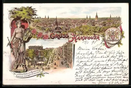 Lithographie Hannover, Georgstrasse, Stadtwappen und Hannovera
