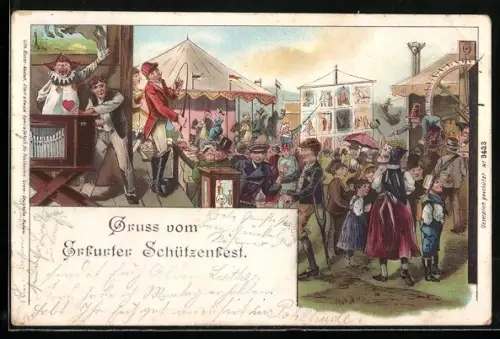Lithographie Leierkastenmann auf einem Volksfest