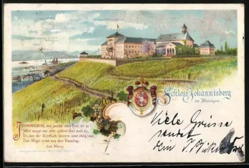 Lithographie Geisenheim, Panorama mit Schloss Johannisberg