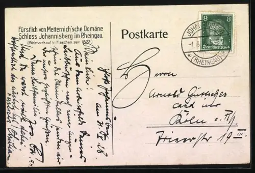 Lithographie Geisenheim, Panorama mit Schloss Johannisberg