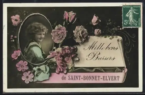 AK Saint-Bonnet-Elvert, Mille bons Baisers avec portrait d`enfant et fleurs