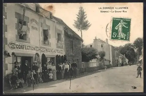 AK Sornac /Corrèze, La Grande Rue animée avec boutique de confection et nouveautés