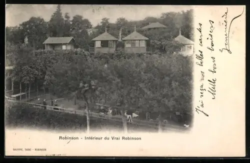 AK Robinson, Intérieur du Vrai Robinson avec jardins et pavillons en arrière-plan