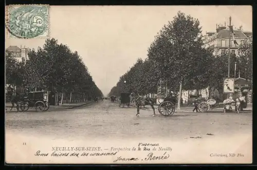 AK Neuilly-sur-Seine, Perspective de la Rue de Neuilly avec voitures à cheval