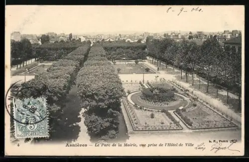 AK Asnières, Le Parc de la Mairie, une prise de l`Hôtel de Ville