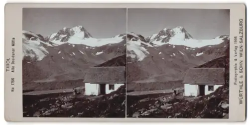 Stereo-Fotografie Würthle & Sohn, Wien, Ansicht Alte Dresdener Hütte, Panorama mit Gletscher und verschneiten Gipfeln