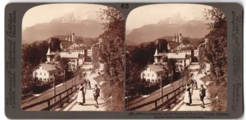 Stereo-Fotografie Underwood & Underwood, New York, Ansicht Berchtesgaden, Ortsansicht mit Watzmann