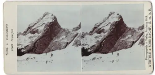 Stereo-Fotografie Würthle & Sohn, Salzburg, Ansicht Drusenfluh /Vorarlberg, Bergsteiger vor dem Gipfel