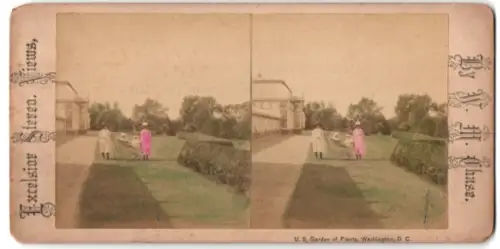 Stereo-Fotografie W. M. Chase, Ansicht Washington D.C., Garden of Plants, Mutter mit Kinderwagen, Handkoloriert