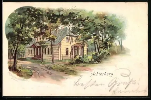 Lithographie Achterberg / Dorfmark, Gebäude im Wald