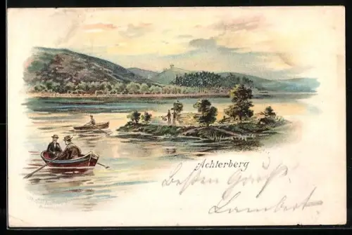 Lithographie Achterberg / Dorfmark, Ruderpartie und Insel