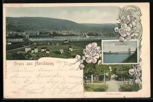 AK Horchheim / Rhein, Gasthof Hollers Garten, Rheinbrücke, Ortsansicht aus der Vogelschau