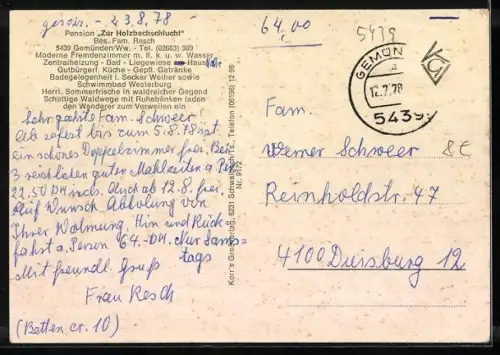 AK Gemünden /Westerwald, Hotel - Pension zur Holzbachschlucht, Bes. Fam. Resch