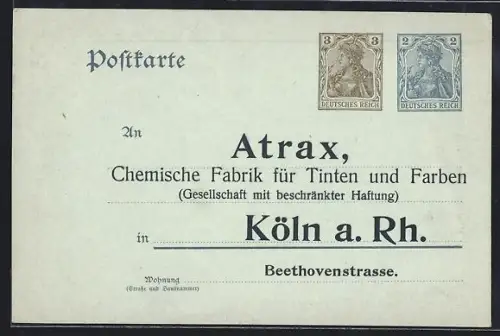AK Köln-Neustadt, Atrax Farbenfabrik, Beethovenstrasse, Vertreterkarte
