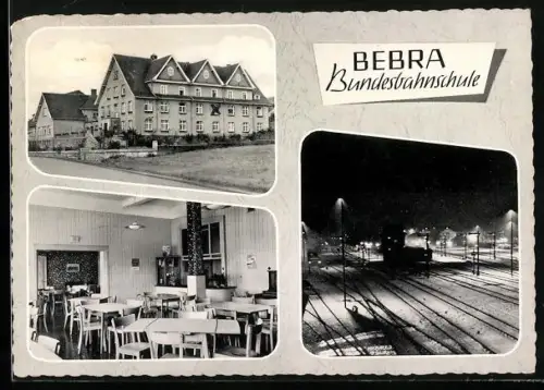 AK Bebra / Hessen, Bundesbahnschule mit Gleisen, Speisesaal und von aussen