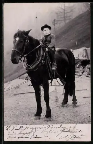 Foto-AK Knabe auf einem Arbeitspferd