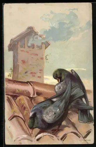 AK Zwei Tauben auf dem Dach