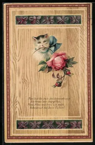 Präge-AK Katze mit Rose, Blumen