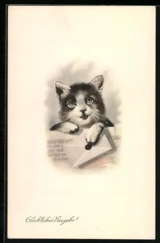 AK Katze mit Briefumschlag, Neujahrsgruss