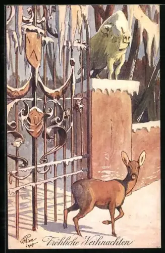 AK Reh vor einem Schlossportal, Weihnachtsgruss