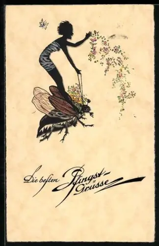 AK Elfe fliegt auf einem Maikäfer, Pfingstgruss