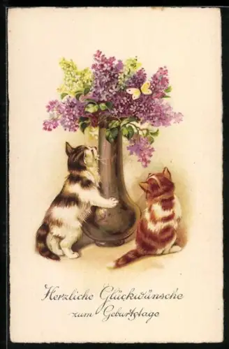 AK Zwei Katzen und Vase mit Flieder und Schmetterling, Geburtstagsgruss