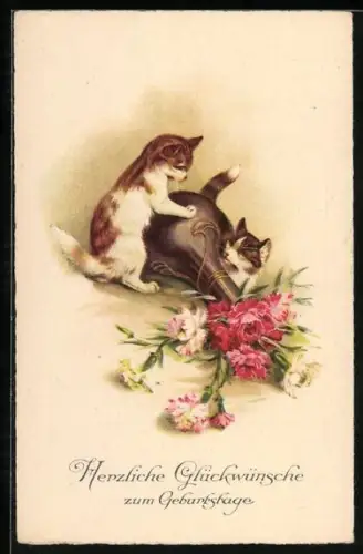 AK Zwei Katzen und eine umgekippte Vase mit Nelken, Geburtstagsgruss