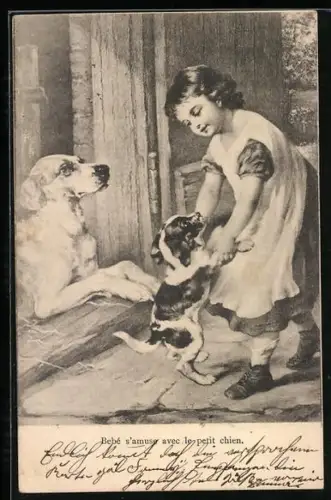 AK Mädchen spielt mit Hundewelpen, Hundemutter sieht zu