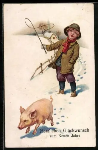 AK Kleiner Schweinehirte mit Peitsche und Ferkel unterwegs im Schnee, Neujahrsgruss