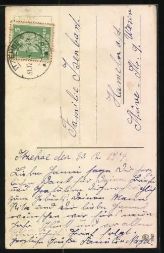 AK Kleiner Schweinehirte mit Peitsche und Ferkel unterwegs im Schnee, Neujahrsgruss