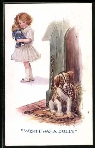 AK Angeketteter Hund und Mädchen mit Puppe