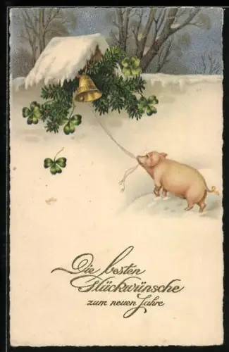 AK Schweinchen läutet eine Glocke, Herzliche Neujahrswünsche