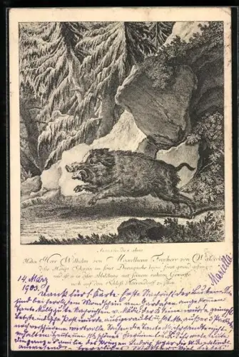 Lithographie Flüchtendes Wildschwein im Wald