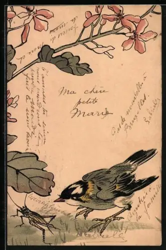 Lithographie Vogel und Insekt unter blühenden Zweigen