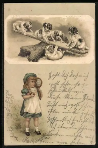 Lithographie Junge Hunde auf einer Wippe, Mädchen mit Tennisschläger