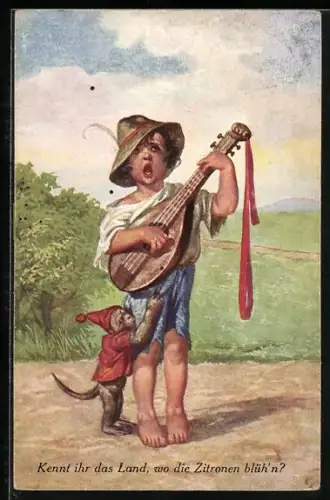 AK Kleiner Strassenmusikant mit Mandoline und Äffchen mit Zipfelmütze