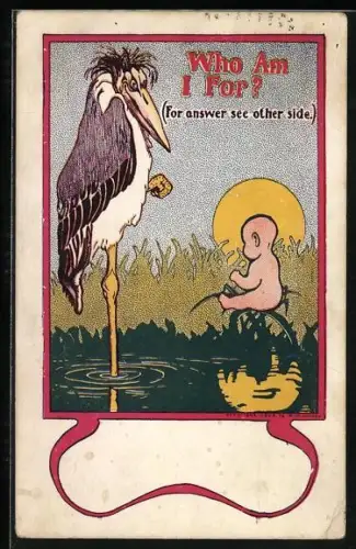 AK Klapperstorch und Baby bei untergehender Sonne