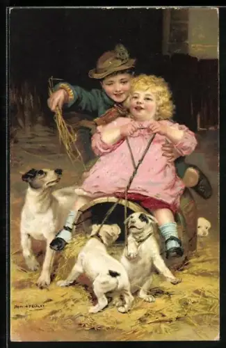 AK Kleines Paar spielt Kutsche mit Fass und Welpen, Hundemutter sieht zu