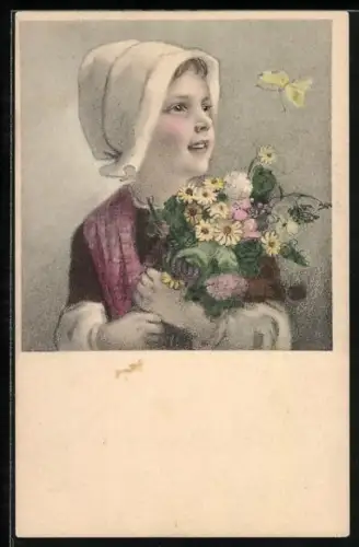 Künstler-AK M. Munk Nr. 296: Lächelndes Mädchen mit Blumenstrauss und Schmetterling