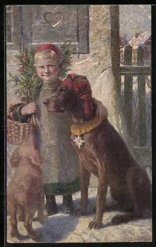 AK Knabe in Schürze mit grossem und kleinen Hund, Orden, Zipfelmütze, Blumen