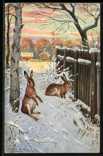 Künstler-AK Feldhasen im Winter vor einem Holzzaun