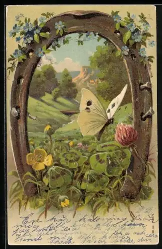 Präge-Lithographie Schmetterling und Kleeblüte, Berglandschaft, Hufeisen-Rahmen